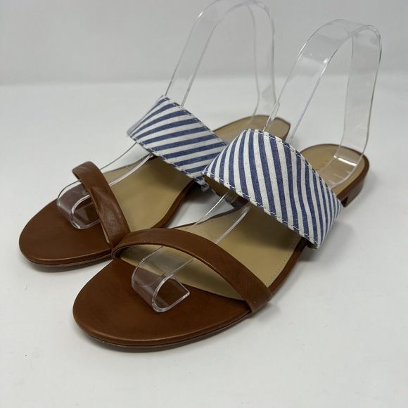 Talbots Keri Seersucker Sandals Blue Stripes with Brown Slip-on Size 9 - Picture 1 of 7